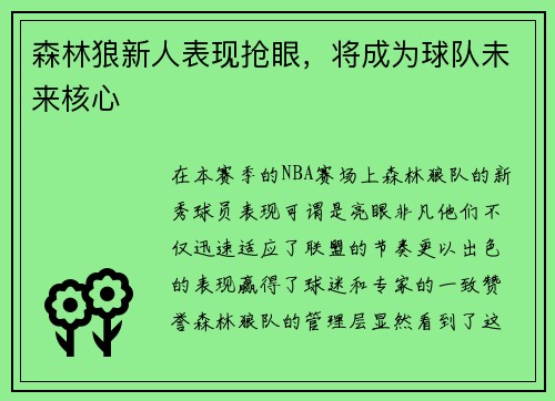 森林狼新人表现抢眼，将成为球队未来核心