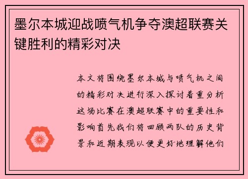 墨尔本城迎战喷气机争夺澳超联赛关键胜利的精彩对决
